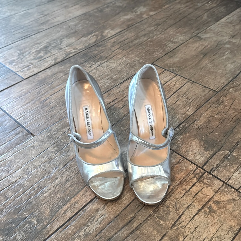 Manolo Blahnik silver Mary Jane’s
